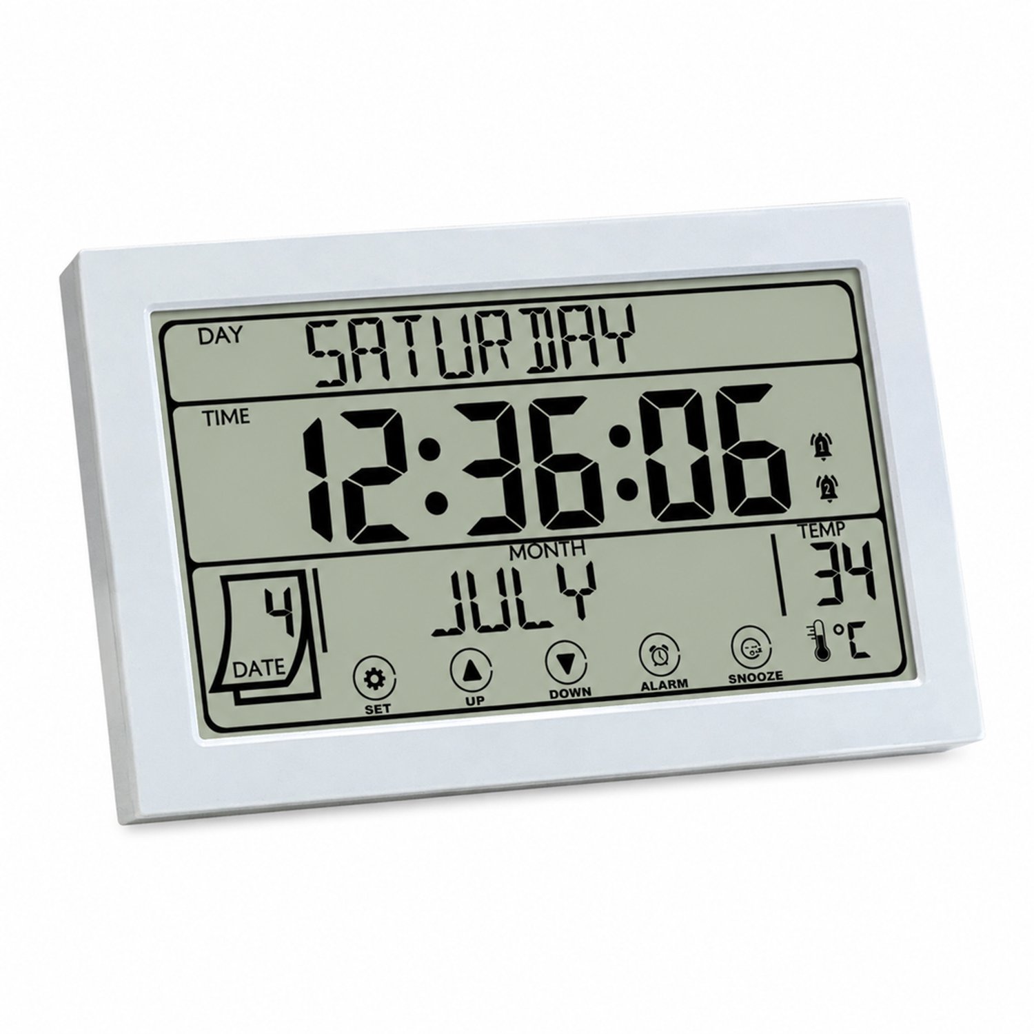 Digitale wekker met LCD, Engelse weekdag en maand, datum- en temperatuurweergave - Wit - Op batterijen - Wand- of tafelmodel - 20,2 x 12,4 x 2,2 cm