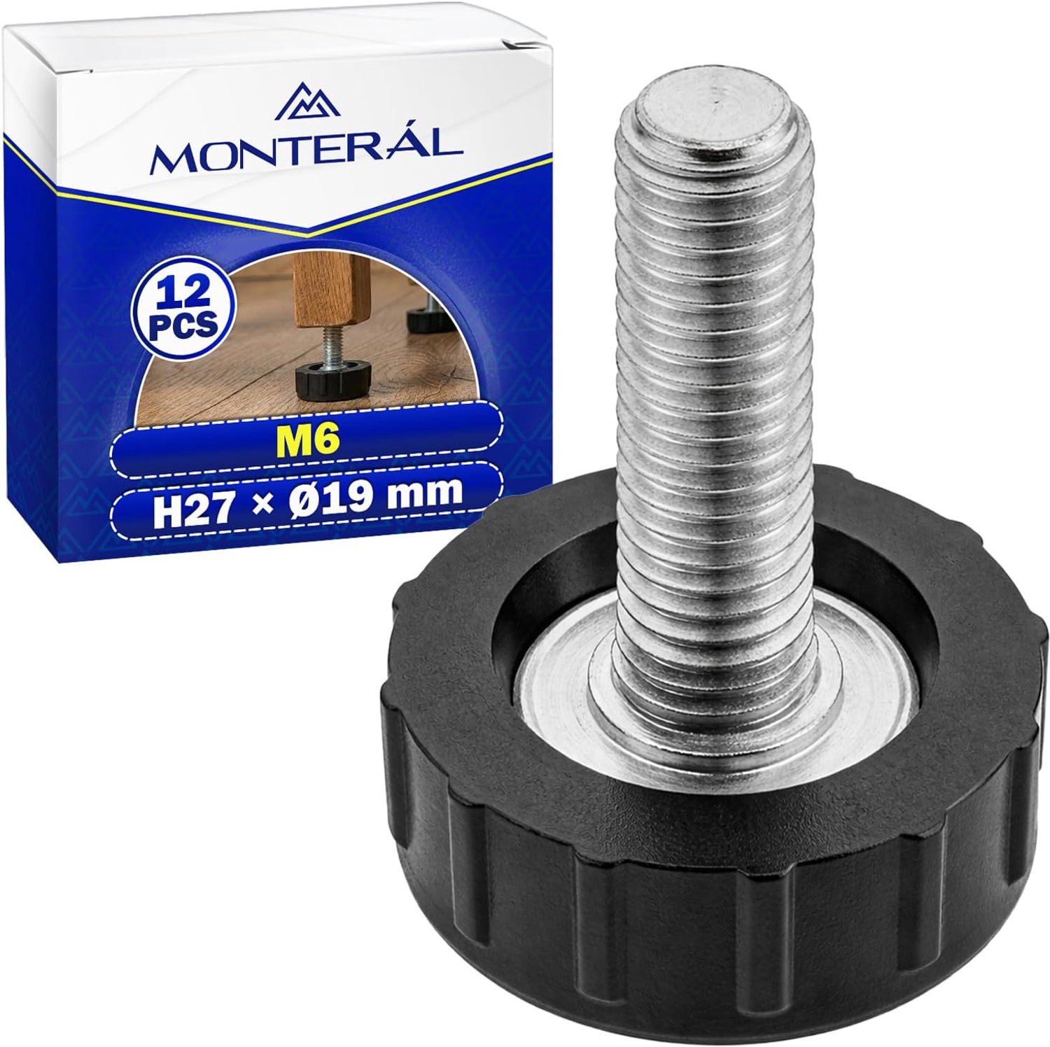 verstelbare poten M6 12 stuks - hoogte 27 cm - verzinkt staal en kunststof - ideaal voor kastmeubels - m-winkel