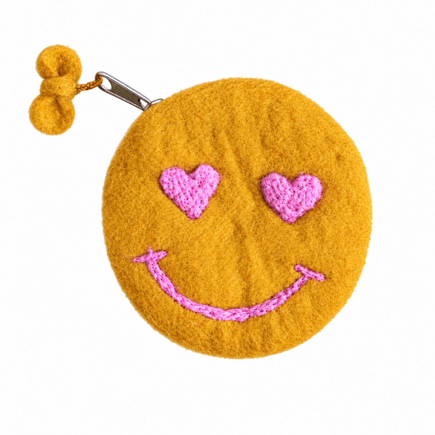 Luna-Leena portemonnee smiley - oker met roze - rond 11ø cm - 1 vak met rits - wol vilt - handgemaakt in Nepal - kids wallet - retro cadeau - verjaardag - sinterklaascadeau - kinderportemonnee