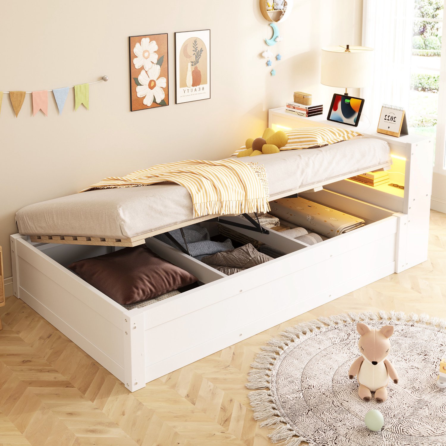 Wishdor Eenpersoonsbed 90x200 cm - Hydraulische opbergruimte onder het bed - Hoofdbord met opbergvakken en stopcontact - LED-verlichting met muziekstand - MDF en hout - Wit