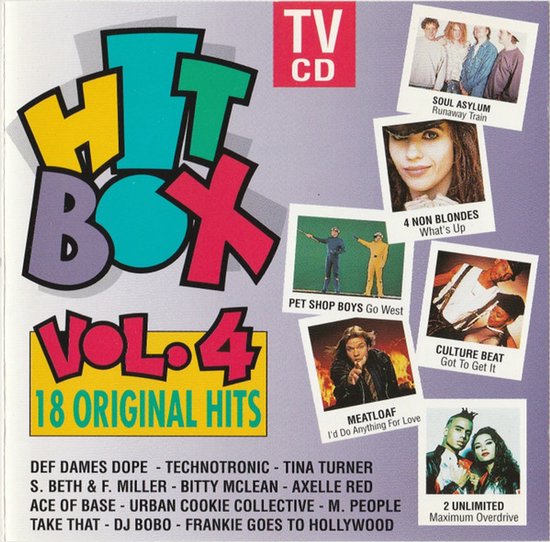 Hitbox Vol. 4 CD-hoes met kleurrijke tekst en foto's van artiesten zoals Meatloaf en 2 Unlimited.