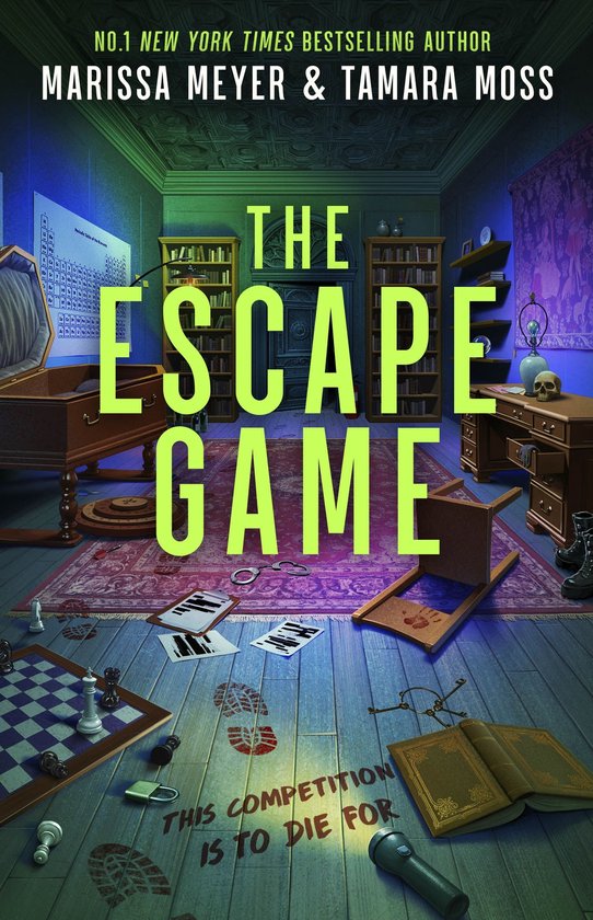 Boekomslag van The Escape Game door Marissa Meyer & Tamara Moss, met een mysterieuze kamer vol aanwijzingen en puzzels.