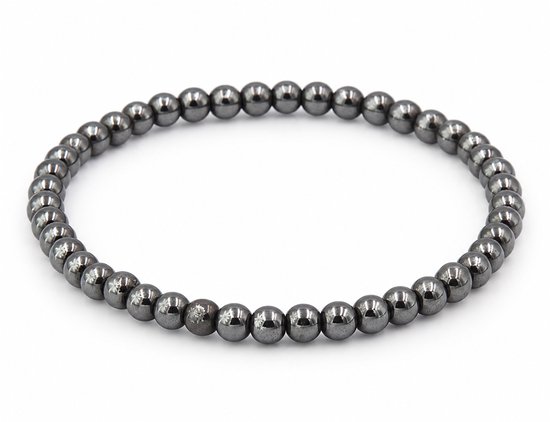 Herenarmband met glanzende, grijze hematiet kralen van 4 mm, 19 cm lang.