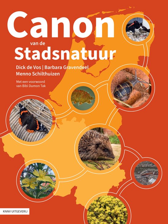 Boekomslag Canon van de Stadsnatuur met een oranje achtergrond, een kaart van Nederland en diverse natuurfoto's.