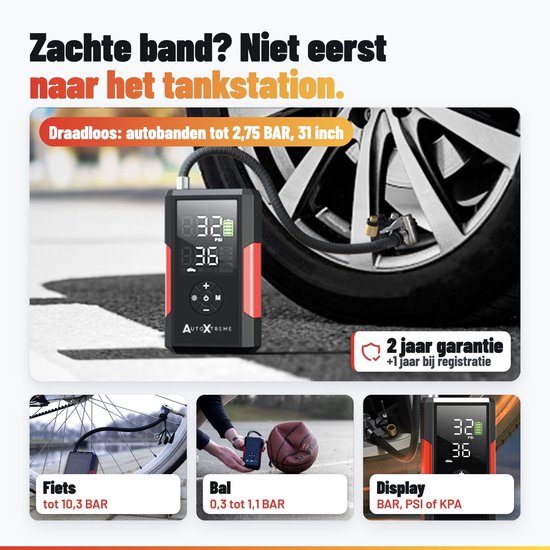 AutoXtreme draadloze luchtcompressor met digitaal display, gebruikt voor autobanden, fietsen en sportballen.