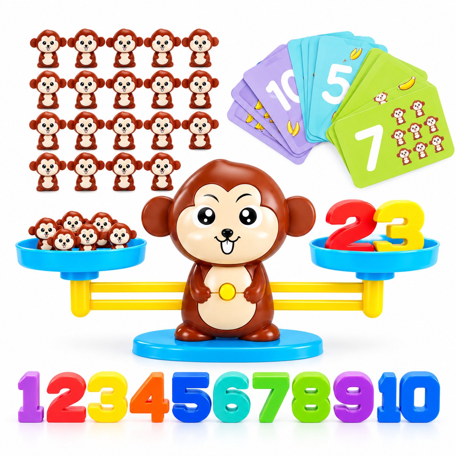 Educatief Apen Weegschaal Spel voor Kinderen – Leren Tellen en Rekenen – Montessori Rekenspel – Balansspel met Cijfers en Aapjes – Vanaf 3 Jaar