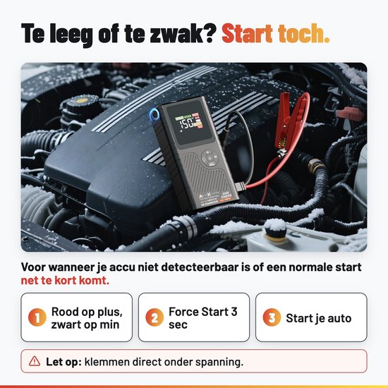 AutoXtreme starthulp met Force Start functie voor het starten van een auto bij een lege accu.