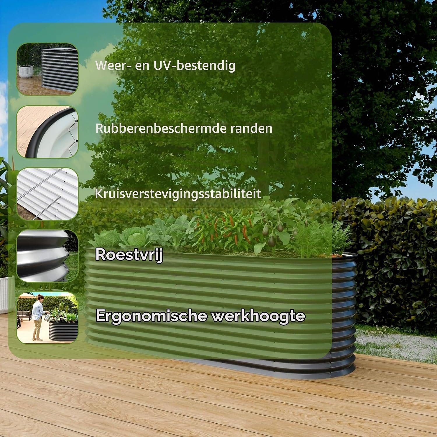 Ovale Verhoogde Moestuinbak 240x80x78 cm – 1170 Liter Gegalvaniseerd Staal Antraciet Plantenbak met Rubberen Rand en Open Bodem voor Ergonomisch Tuinieren op Balkon, Terras en in de Tuin