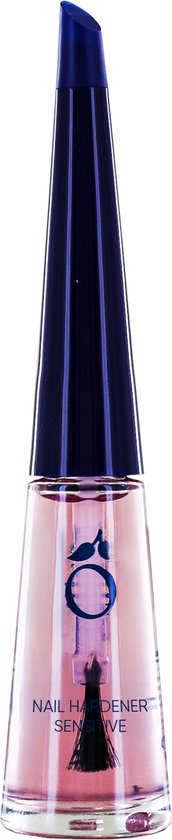 Roze Herome Nail Hardener Sensitive nagellakflesje met een donkerblauwe, spitse dop.