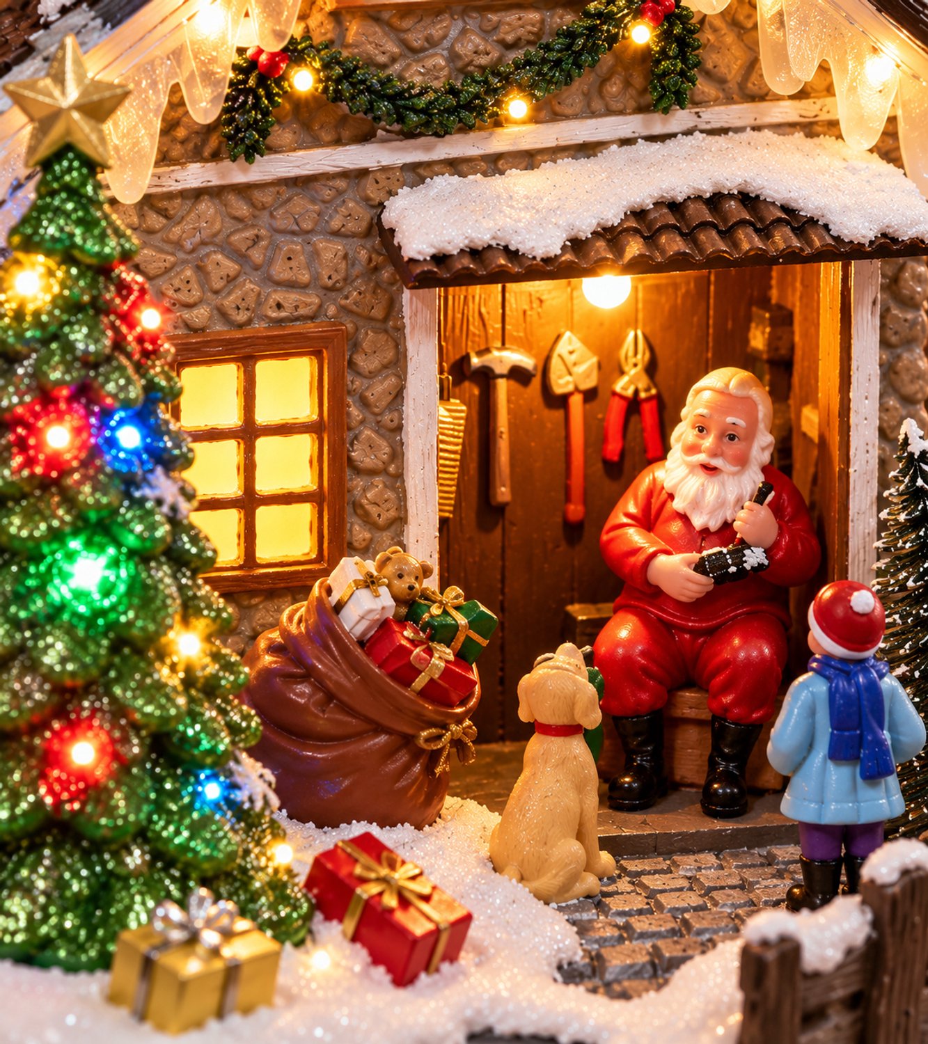 Gxmas Kerstdorp Kersthuisje met LED Verlichting en Beweging - 20 cm - Kerstman met Kerstboom - Kerstdorp Decoratie - Kerstversiering op Batterijen – foto 6