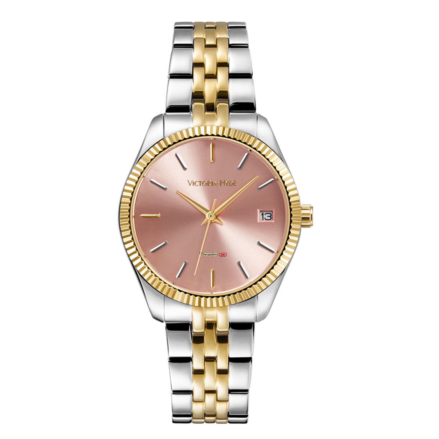 Victoria Hyde "Rose Mary" - Dameshorloge - Roze wijzerplaat - kalenderfunctie - Quartz - 32 mm breed - Mineraalglas - edelstaal - Folding/Butterfly Clasp - 3 ATM (splash-proof) - zilver en goud