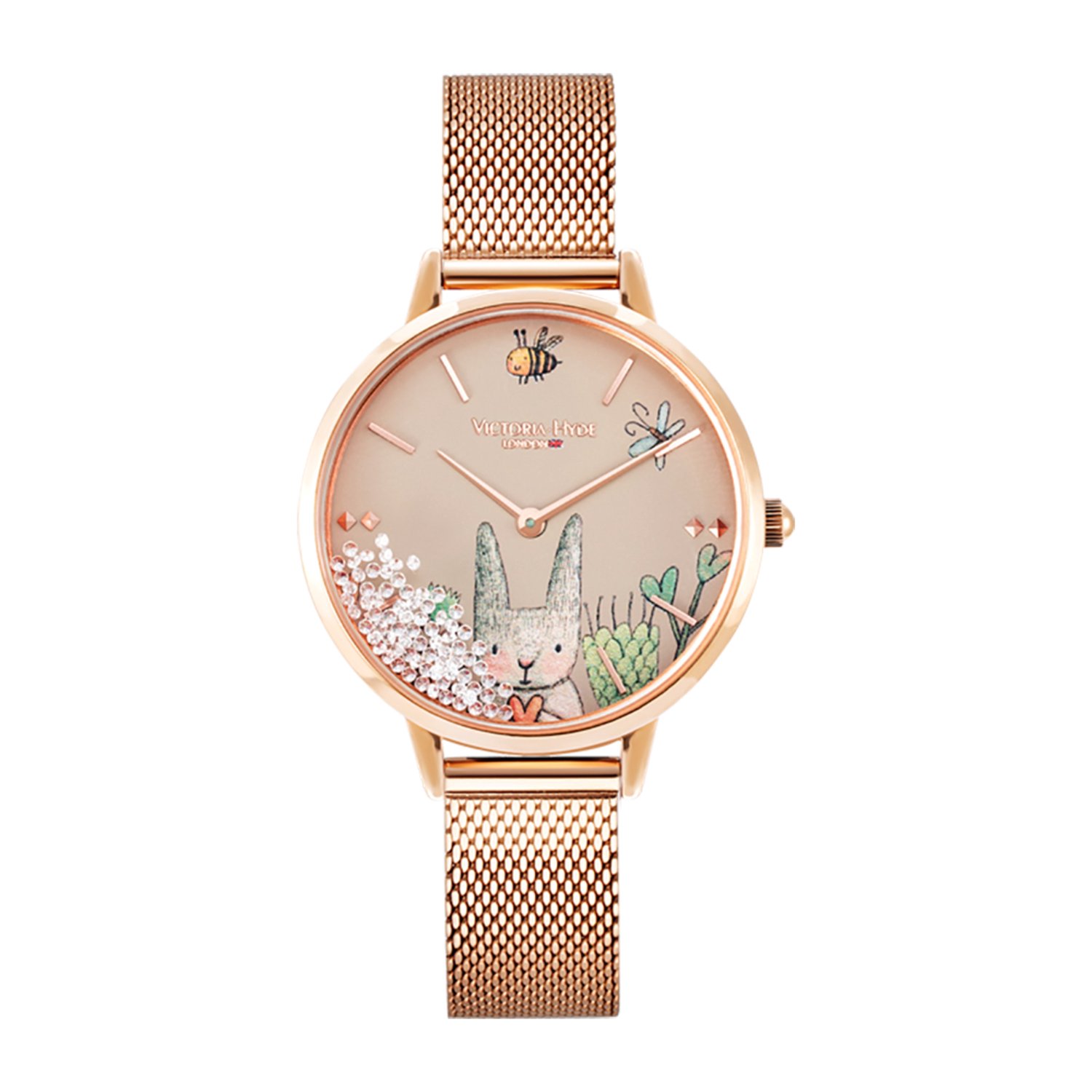 Victoria Hyde "Forest Fairytale" - Dames Horloge - Polshorloge - Analoog - Rond - stalen mesh band 12mm - rosé gouden horlogekast voor dames met stijl - Rosegold