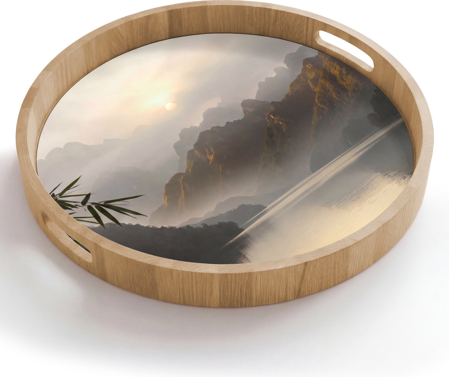 Dienblad rond 50x50 cm - Schootdienblad hout - Bergen - Water - Mist - Natuur - Landschap - Borrelplank rechthoek - Plateau houten dienbladen