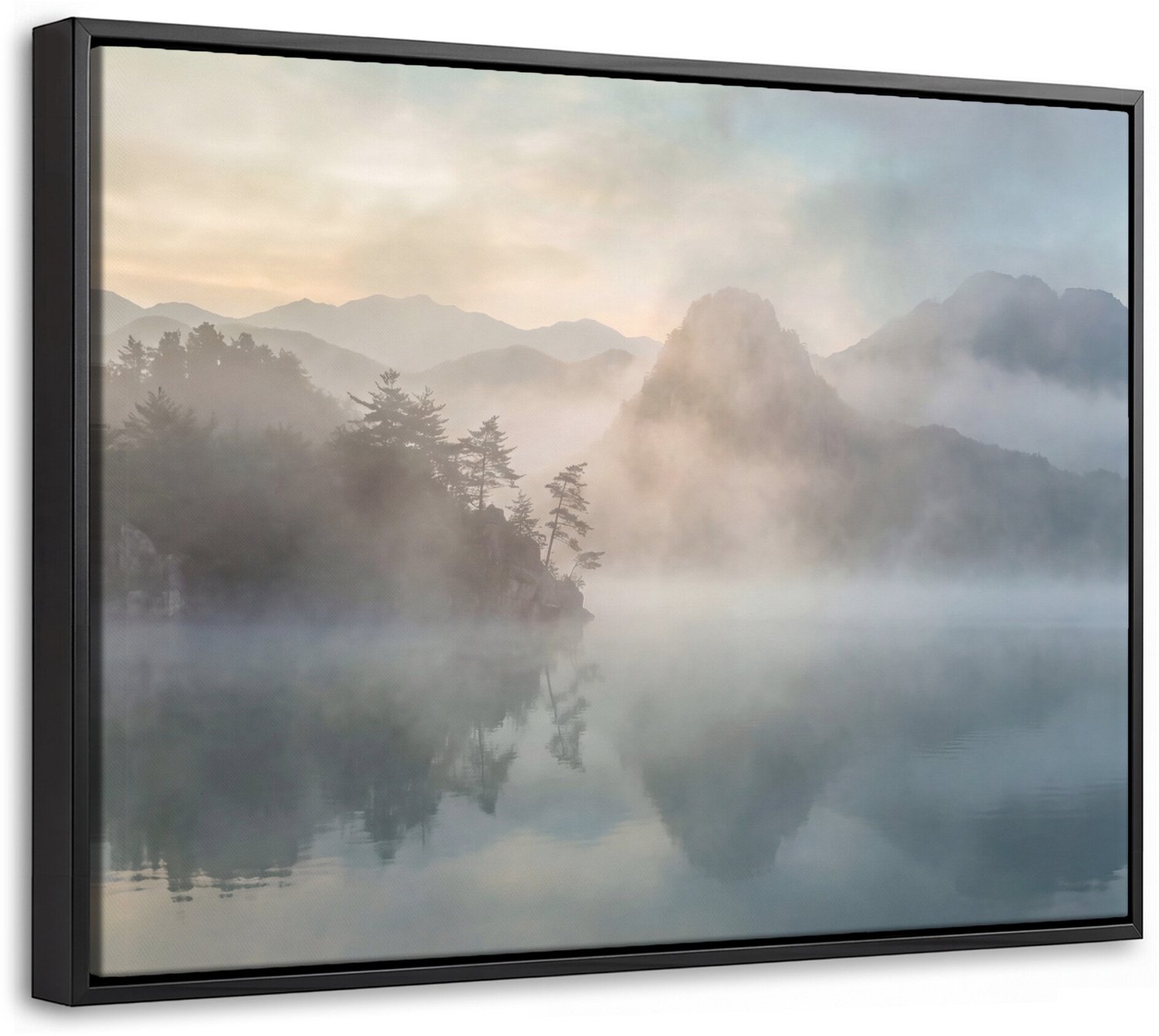 Canvas Schilderij met Baklijst - Landschap - Bergen - Mist - Water - Natuur