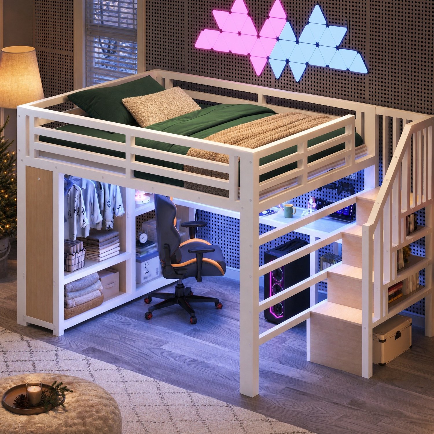 WUVRIE Metalen hoogslaper 140x200 cm - Met bureau, opbergtrap en LED-verlichting - Wit