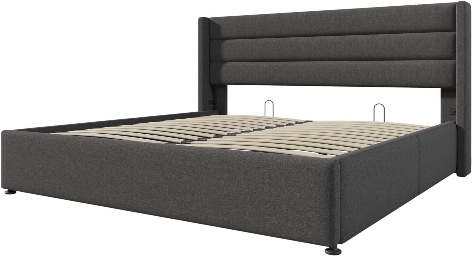 MUVANO Hydraulisch opbergbed 140x200 cm - Tweepersoonsbed met matras - Houten lattenbodem - Metalen frame en linnen bekleding - Slaapkamer grijs