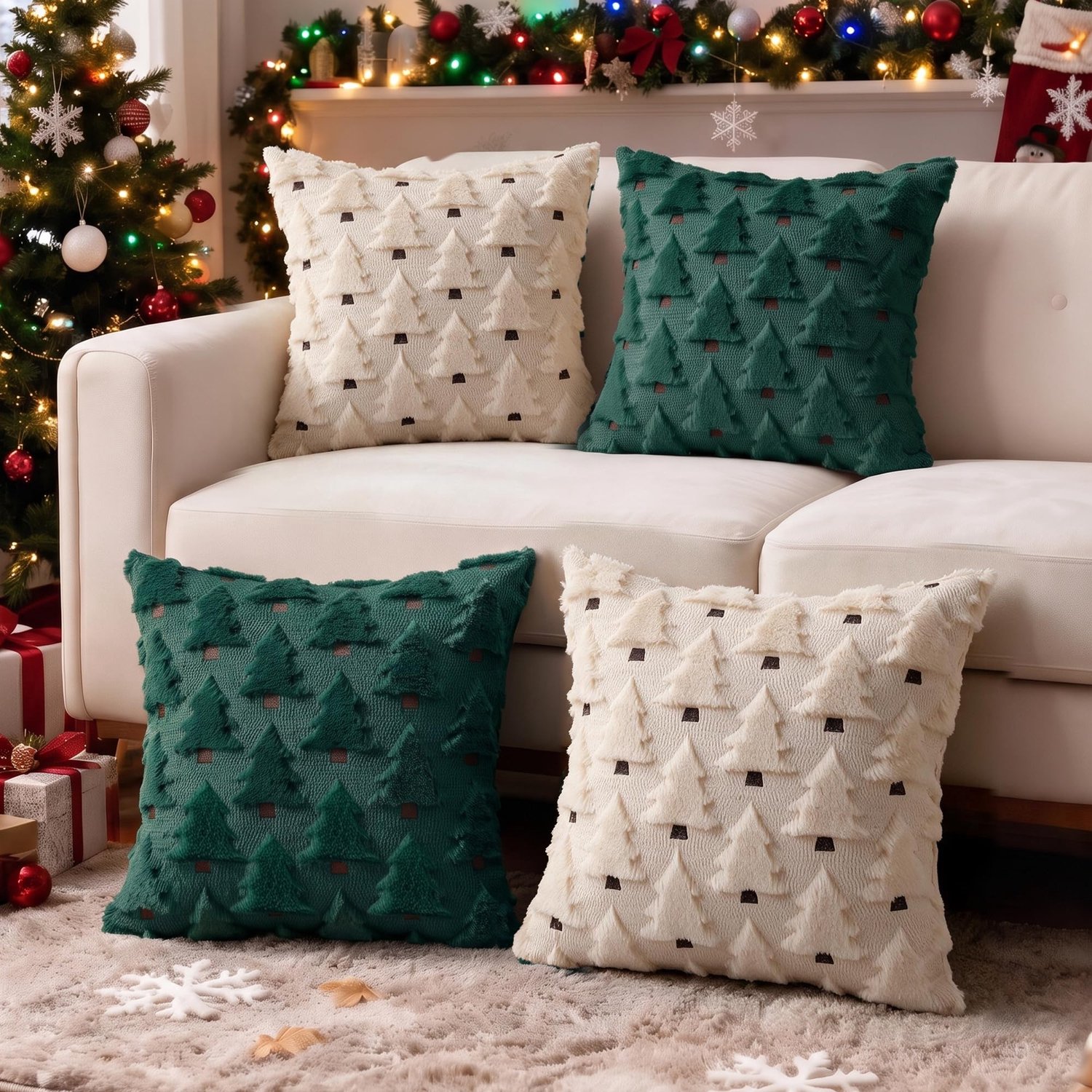 PZCC Kerst Kussenhoezen - Pluche Sierkussenhoezen met 3D Kerstboom - Decoratieve Kussenhoezen voor Bank en Bed - Set van 4 - 45 × 45 cm - 2 Wit en 2 Groen