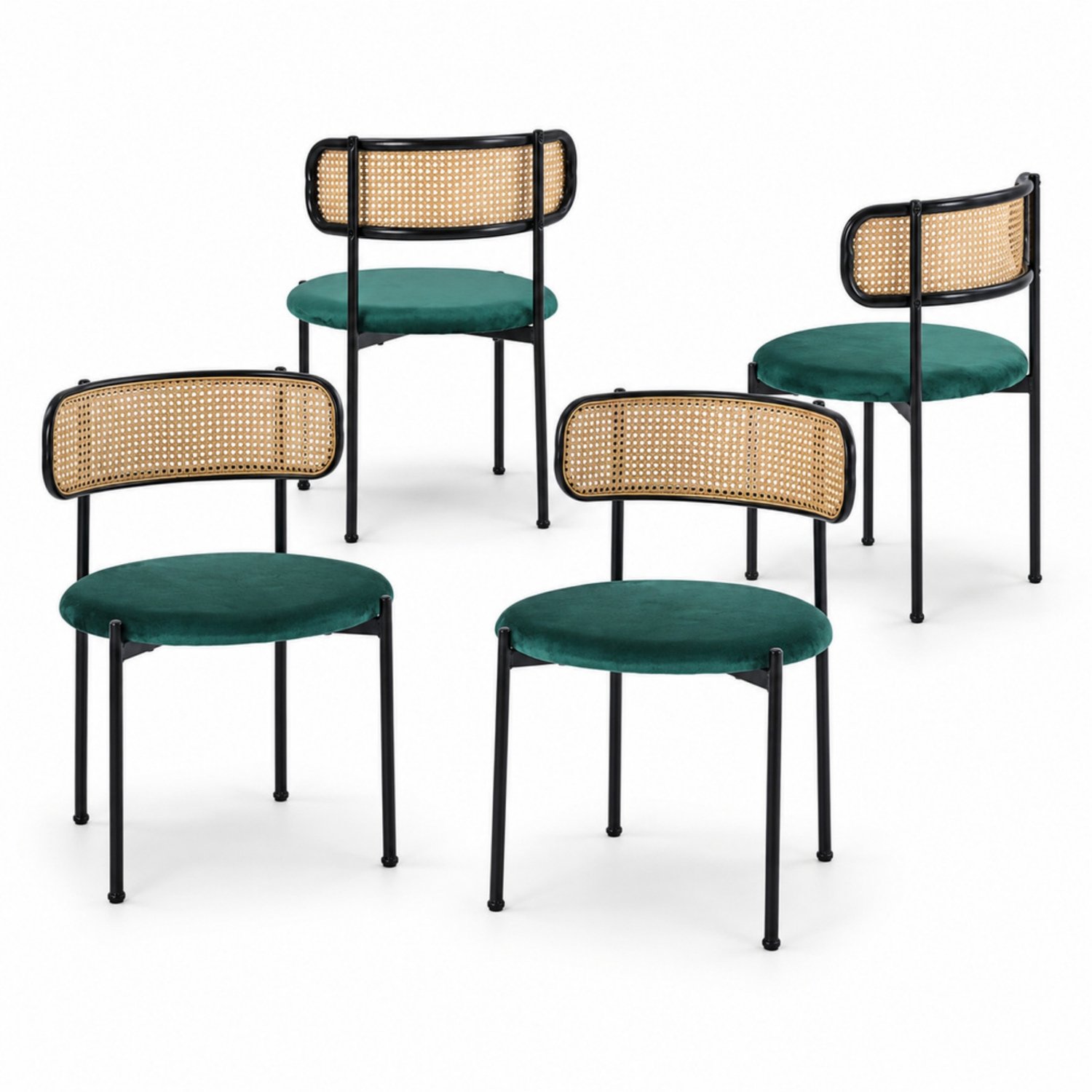 LONG DRAGON - Velvet eetkamerstoelen - Set van 4 - Rotan rugleuning - Vier metalen poten - Voor woonkamer en slaapkamer - Groen