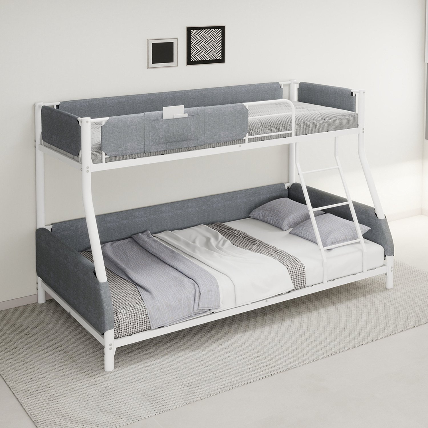 Wishdor Stapelbed 90x190 cm boven en 140x190 cm onder - Met uitvalbeveiliging en ladder - Afneembare opbergzak aan beide zijden - Metalen bedframe - Antiekwit - Kinderkamer en logeerkamer