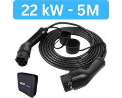 Laadkabel Type 2 32A 3 Fase | 22 kW | 5 meter | Inclusief laadkabel tas | IP65 | 2 Jaar garantie | Mennekes aansluiting | Laadkabel auto | Zwarte 5 meter kabel TPU | CE, ISO & RoHs gecertificeerd