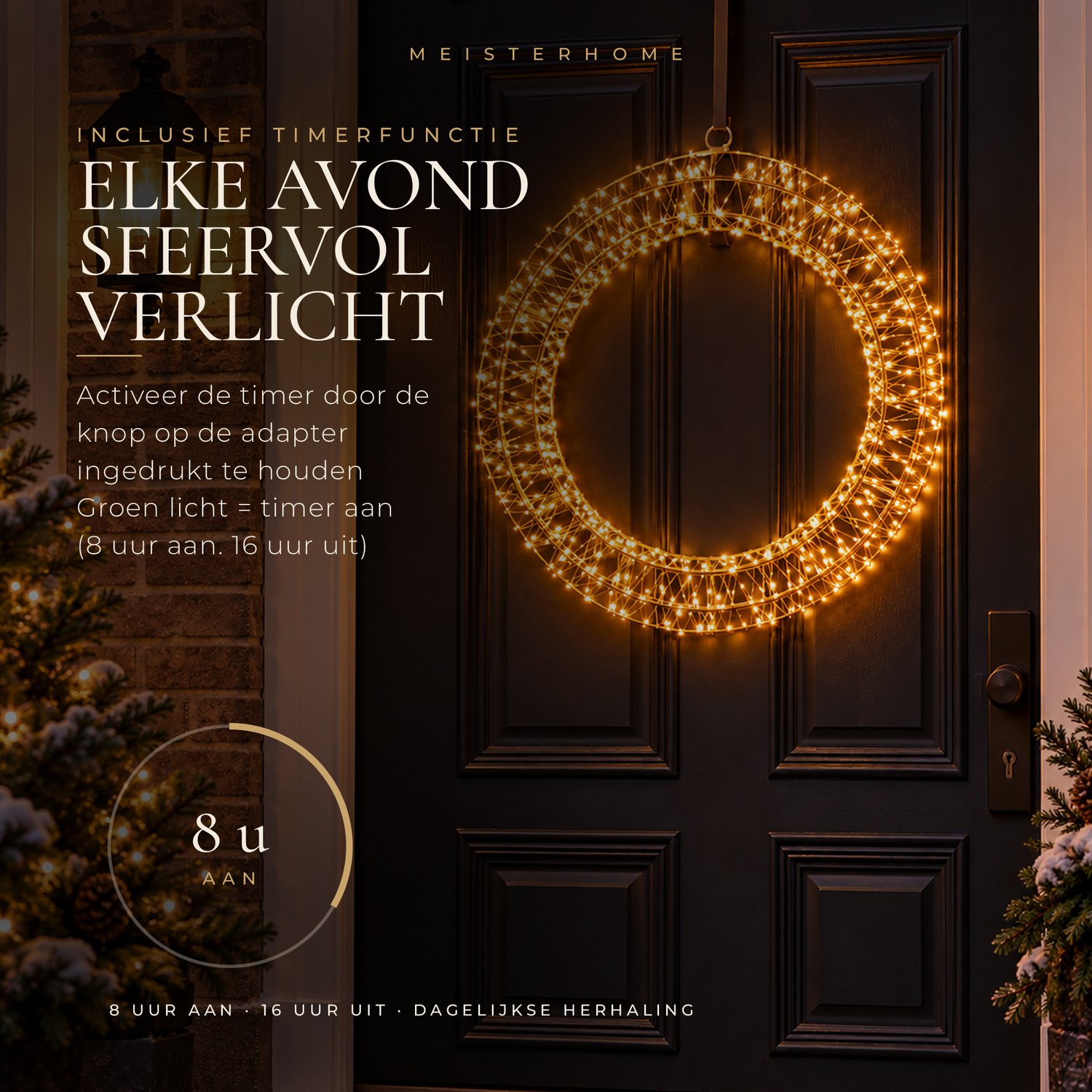 Meisterhome® LED 3D Lichtkrans Ø 50 cm – 640 LEDs – Extra Warm Wit – Verlichte Kerstkrans - Deurkrans met LED – Kerstverlichting Buiten & Binnen – Timer & Dimmer – IP44 – foto 3