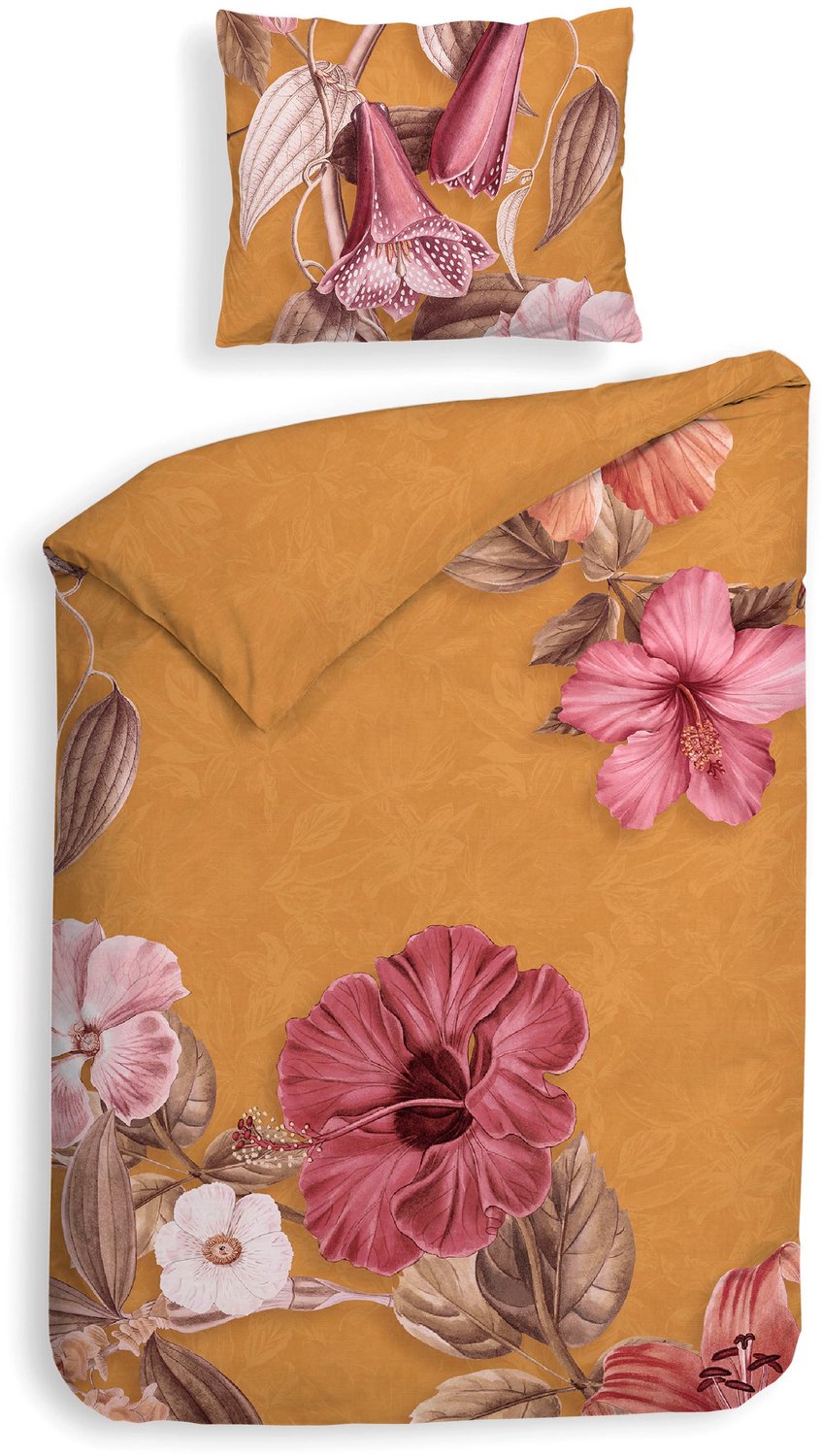 Heckettlane Dekbedovertrek Malu - Dekbed met instopstrook - Oranje - Dekbedovertrek van 100% Katoen-Satijn - Bloemen - 140x200-220 cm + 1 sloop 60/70 cm Malu Orange