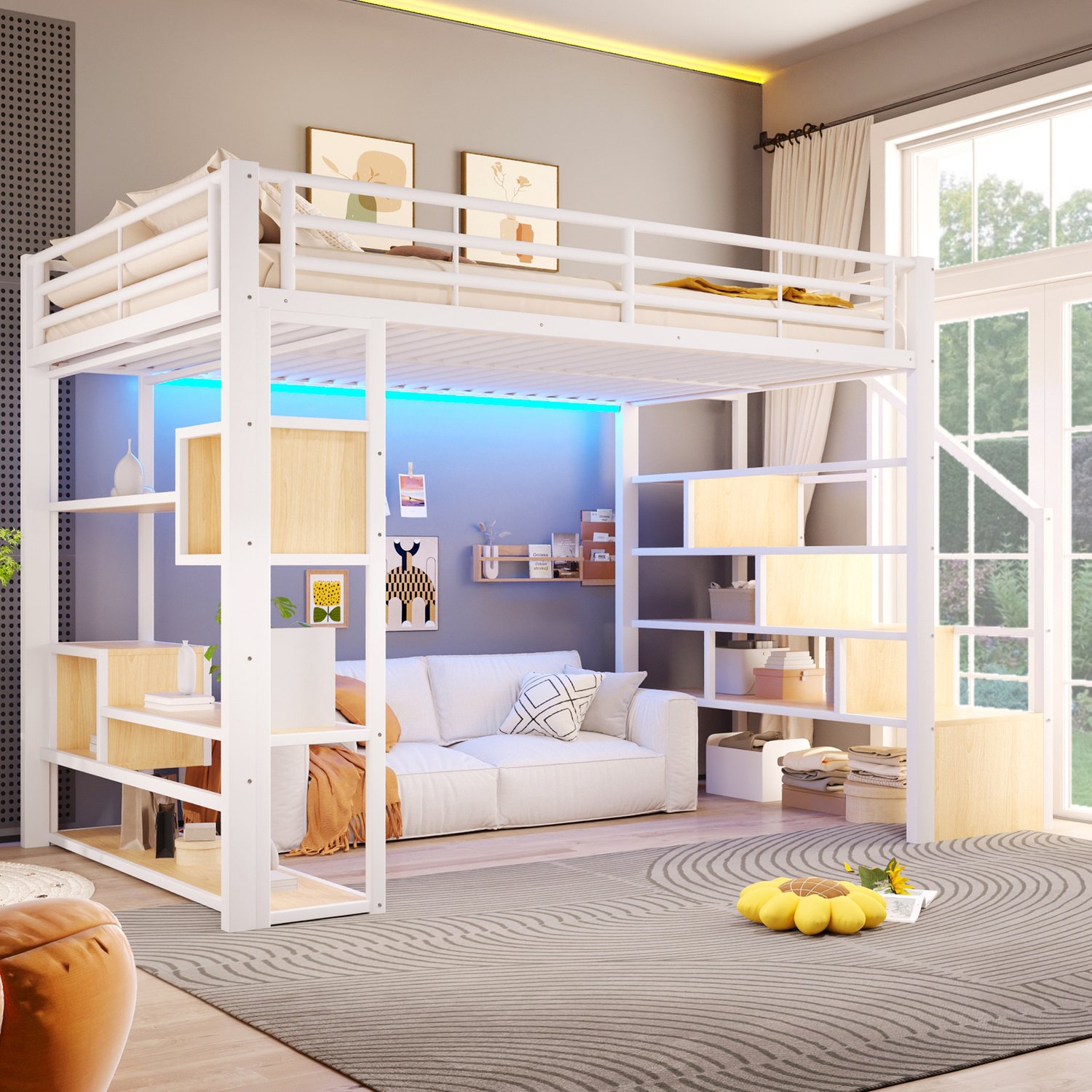OKWISH Hoogslaper 140x200 cm - Met Opbergtrap en Valbeveiliging - Meerkleurige Lichtstrip - Open Ruimte Onder Het Bed - Metaal en MDF - Zonder Matras - Wit