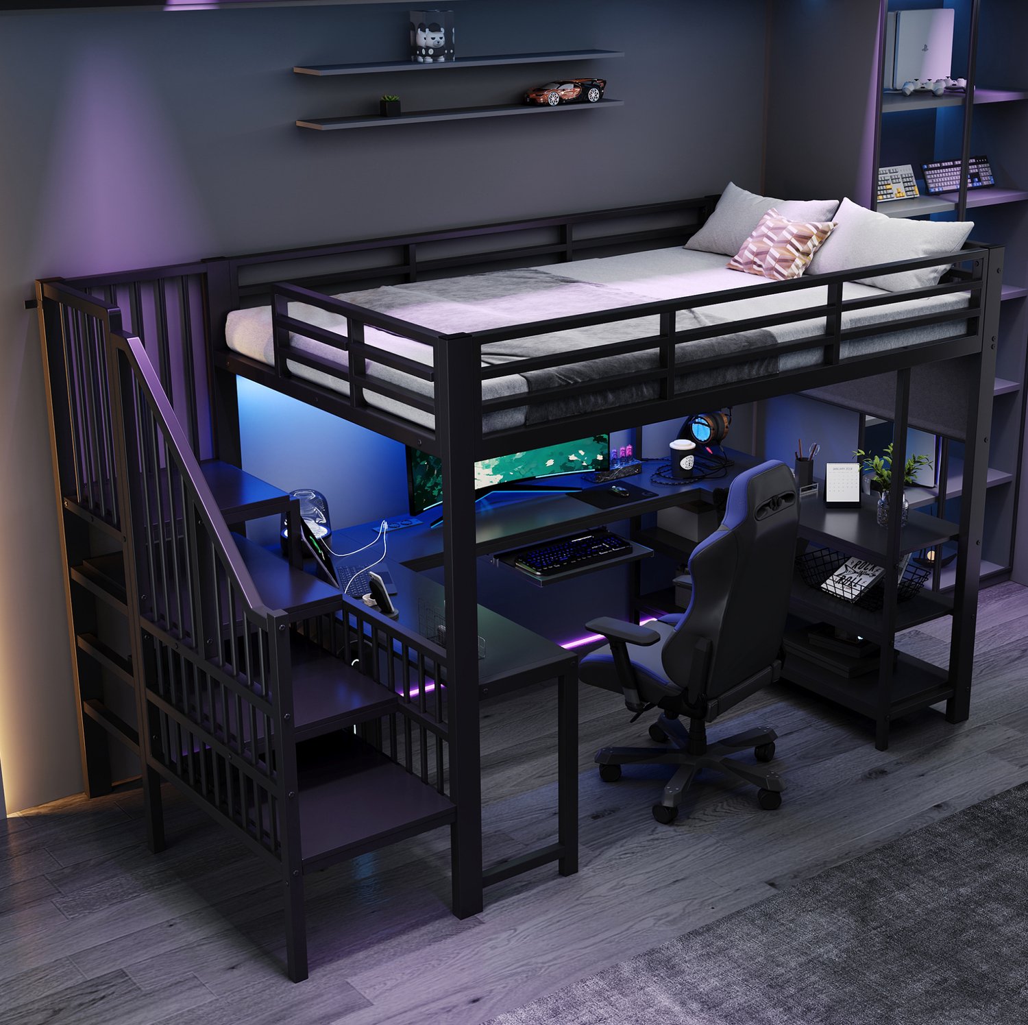OKWISH Hoogslaper 120 x 200 cm - Met Bureau, Trap en Stopcontact - Met Opbergruimte en Ledverlichting - Voor Tienerkamer - Metaal - Zonder Matras - Zwart