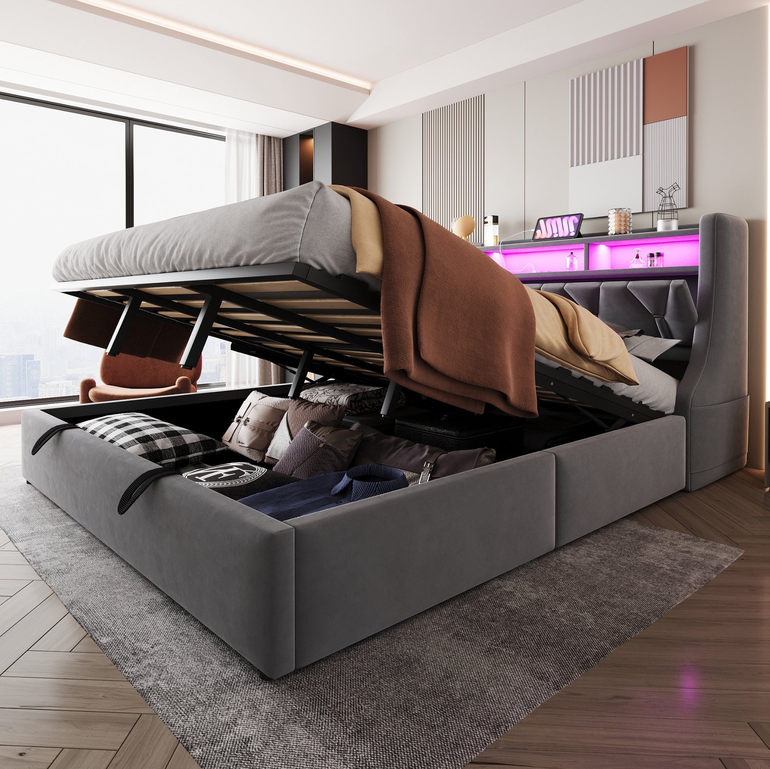 Wishdor Tweepersoonsbed 180x200 cm - Hydraulische opbergruimte - Omklapbaar hoofdbord met vakken en stopcontact - USB en type C - LED-verlichting - Lattenbodem - Grijs fluweel