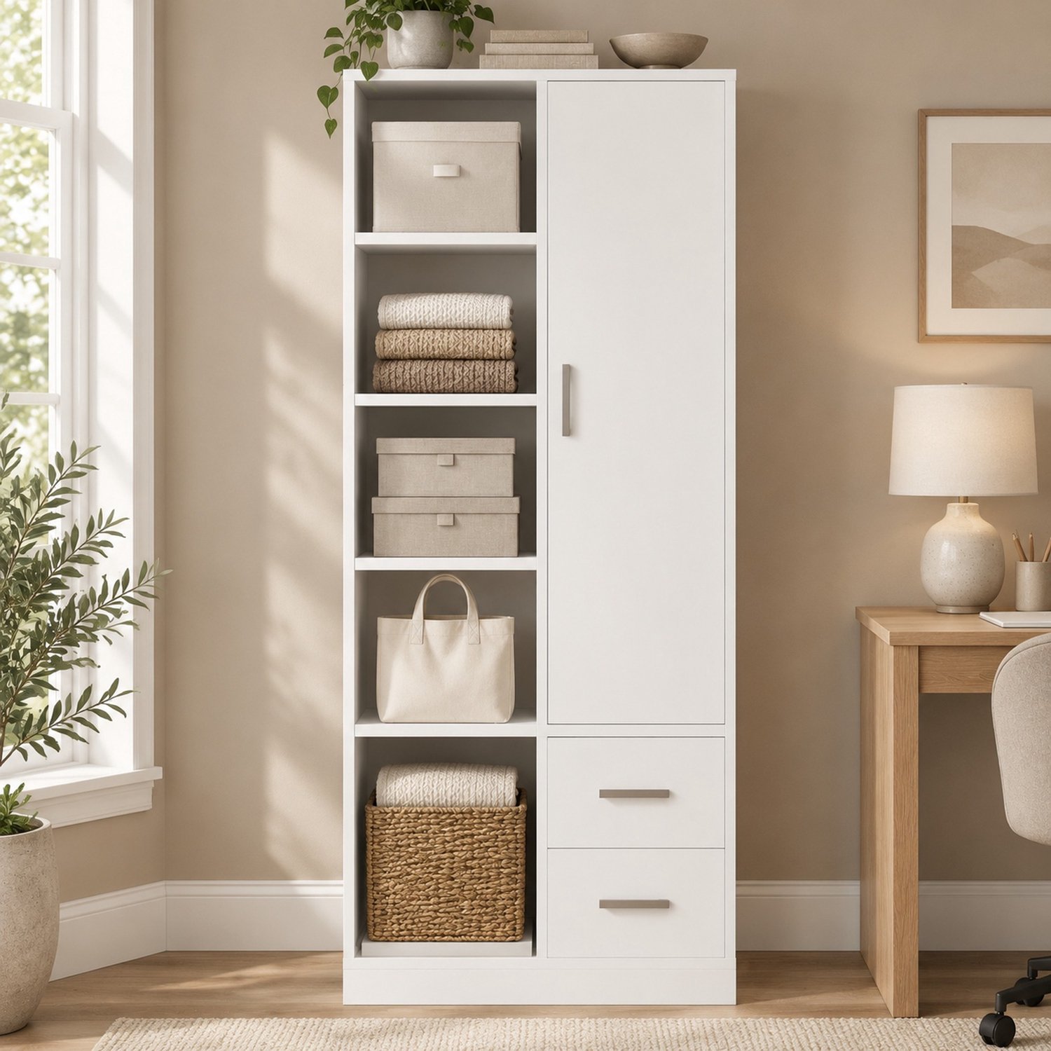 Wishdor Kledingkast met één deur en twee lades - Twee kledingroedes en open legplanken - Modern ontwerp - Slaapkamer kinderkamer logeerkamer - Hout metaal multiplex en MDF - Wit - 70 x 50 x 170 cm