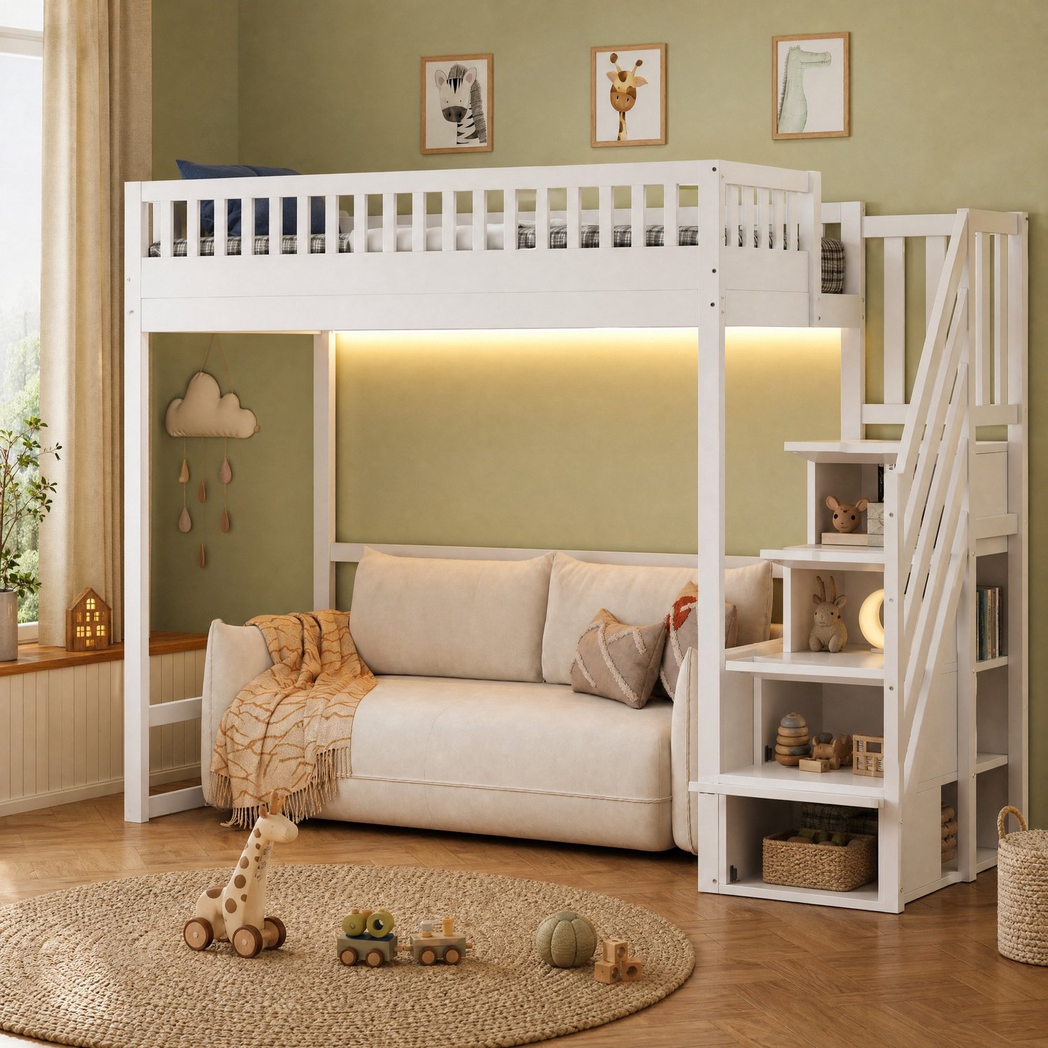 WUVRIE Hoogslaper 90x200 cm - Trap met opbergruimte en veiligheidshek - LED-verlichting - Wit