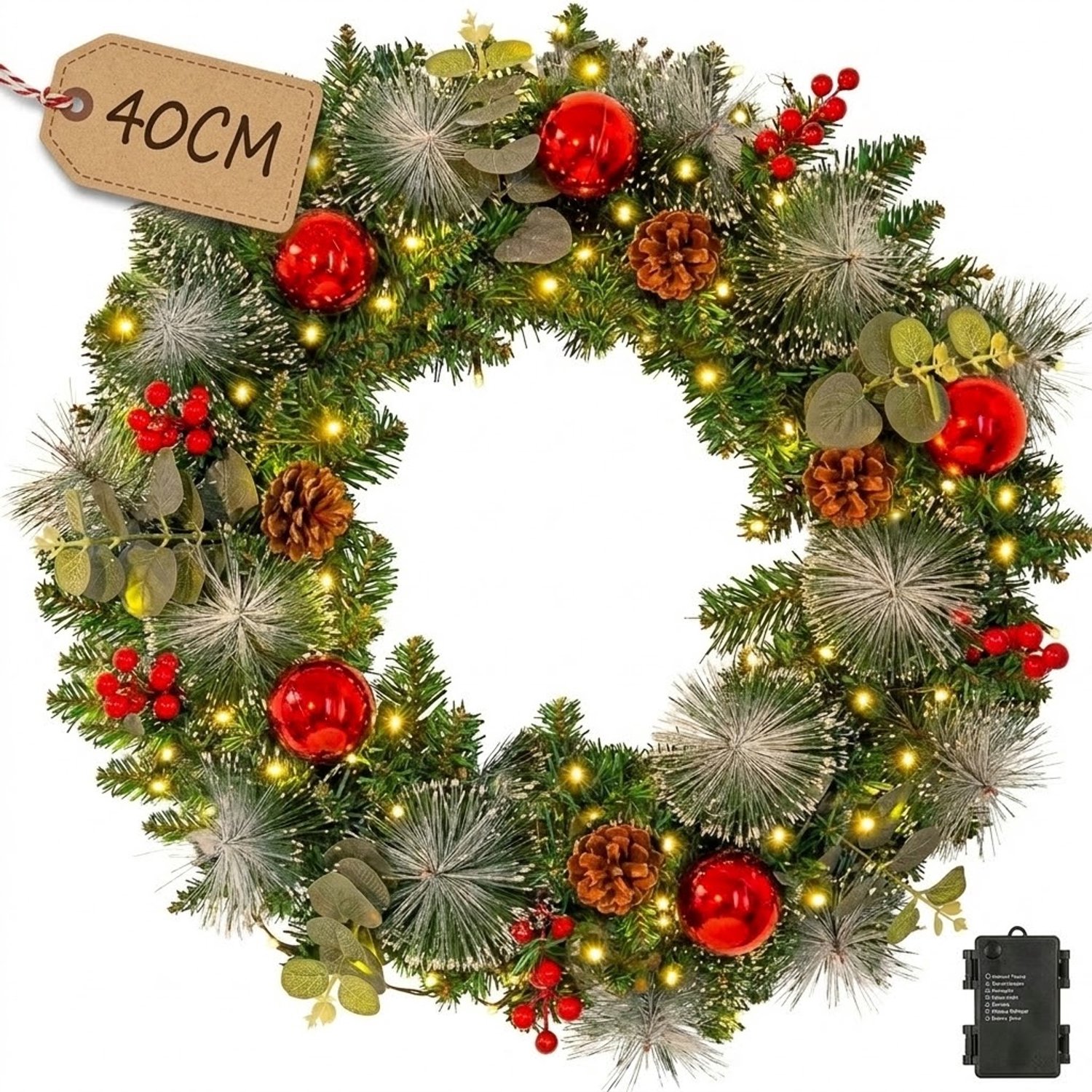 Premium Kerstkrans- kerstkrans met verlichting- kerstkransen - 8 lichtstanden & timer – kerstkrans voor buiten - deurkransen kerstversiering- Kerstdecoratie