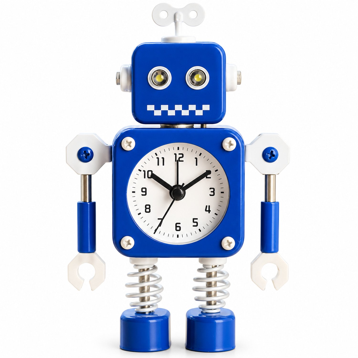 Wekker in robotvorm - Blauw - Analoge wijzerplaat met cijfers - Stil quartz-uurwerk met sluipende secondewijzer - Metalen behuizing - Batterijvoeding