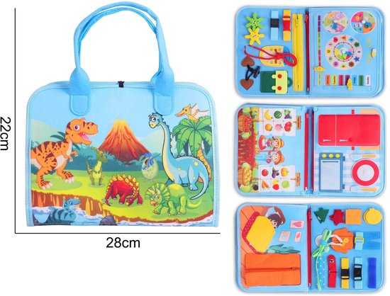 Montessori busy board - 6 pagina's Montessori busy book - Activiteiten sensorisch speelgoed - Leerspeelgoed voor peuters - Reisspeelgoed - Educatief peutercadeau voor jongens en meisjes, blauwe dinosaurus — afbeelding 2