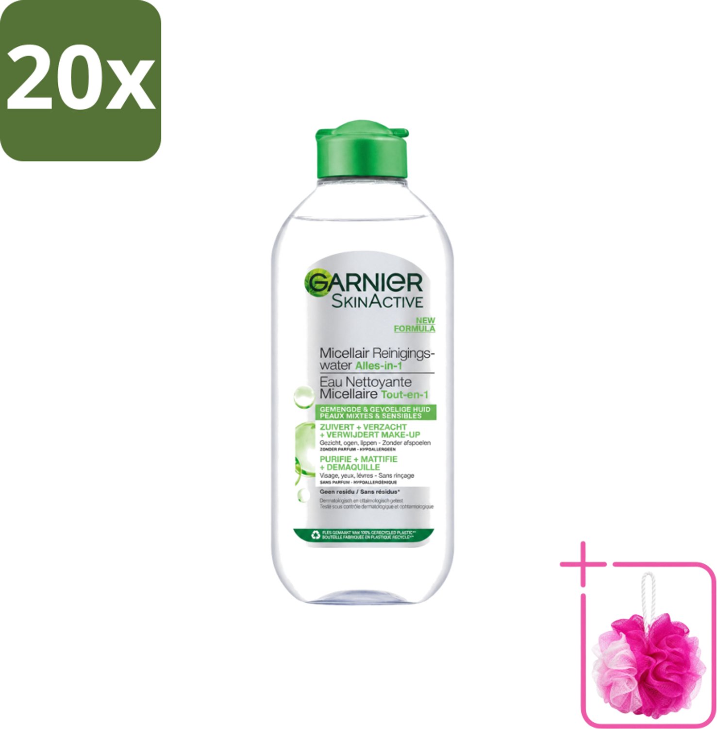 20 x Garnier - SkinActive - Micellair Reinigingswater - Gemengde & Gevoelige huid - Verzachtend & Reinigend - 400 ml - Bulkverpakking - Micellair reinigingswater - Douchemop - Vette huid