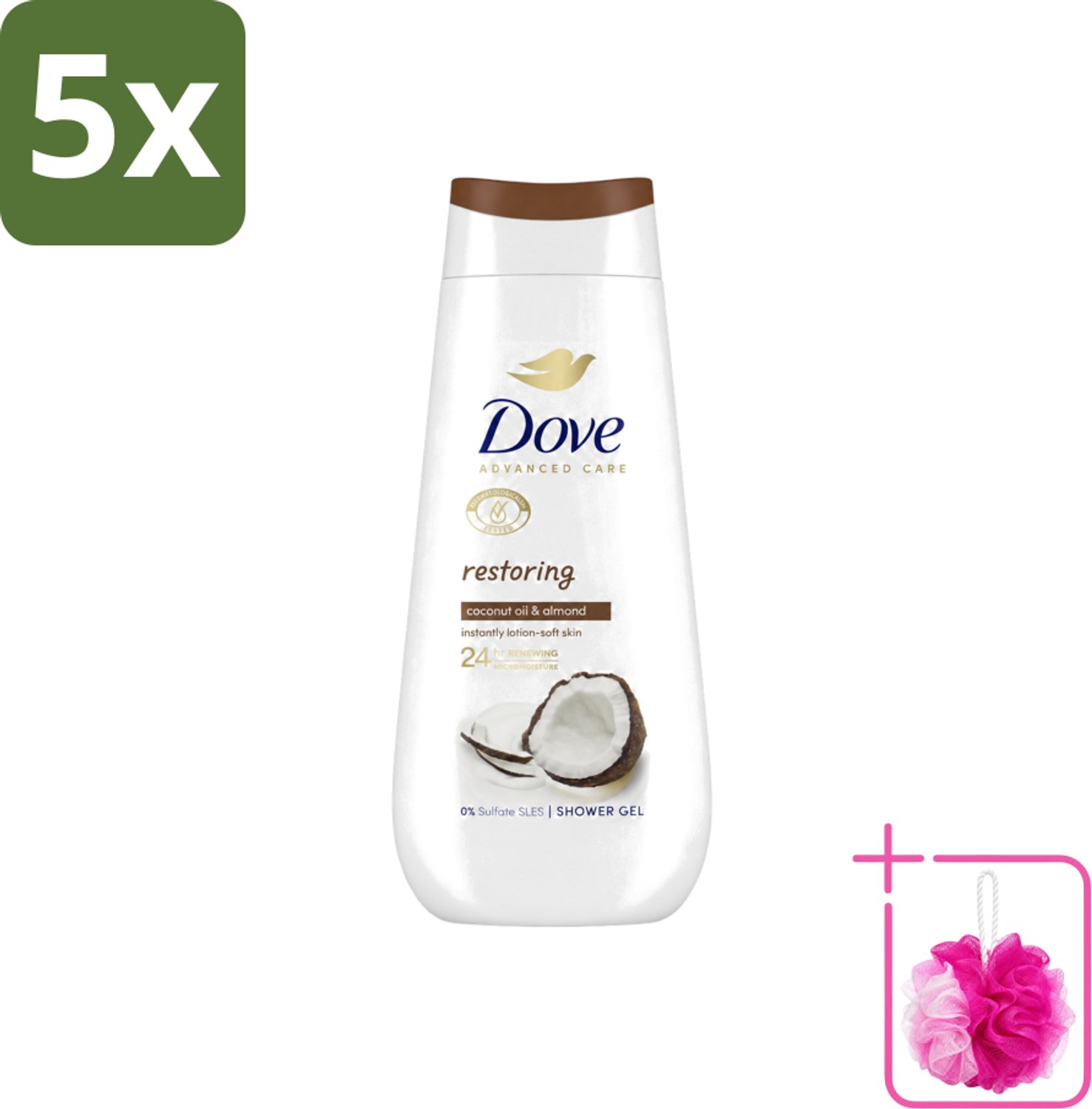 5 x Dove Douchecrème - Restoring - Kokos & Amandel - 225 ml - Bulkverpakking - Herstelende douchegel - Douchemop - Droge huid verzorging