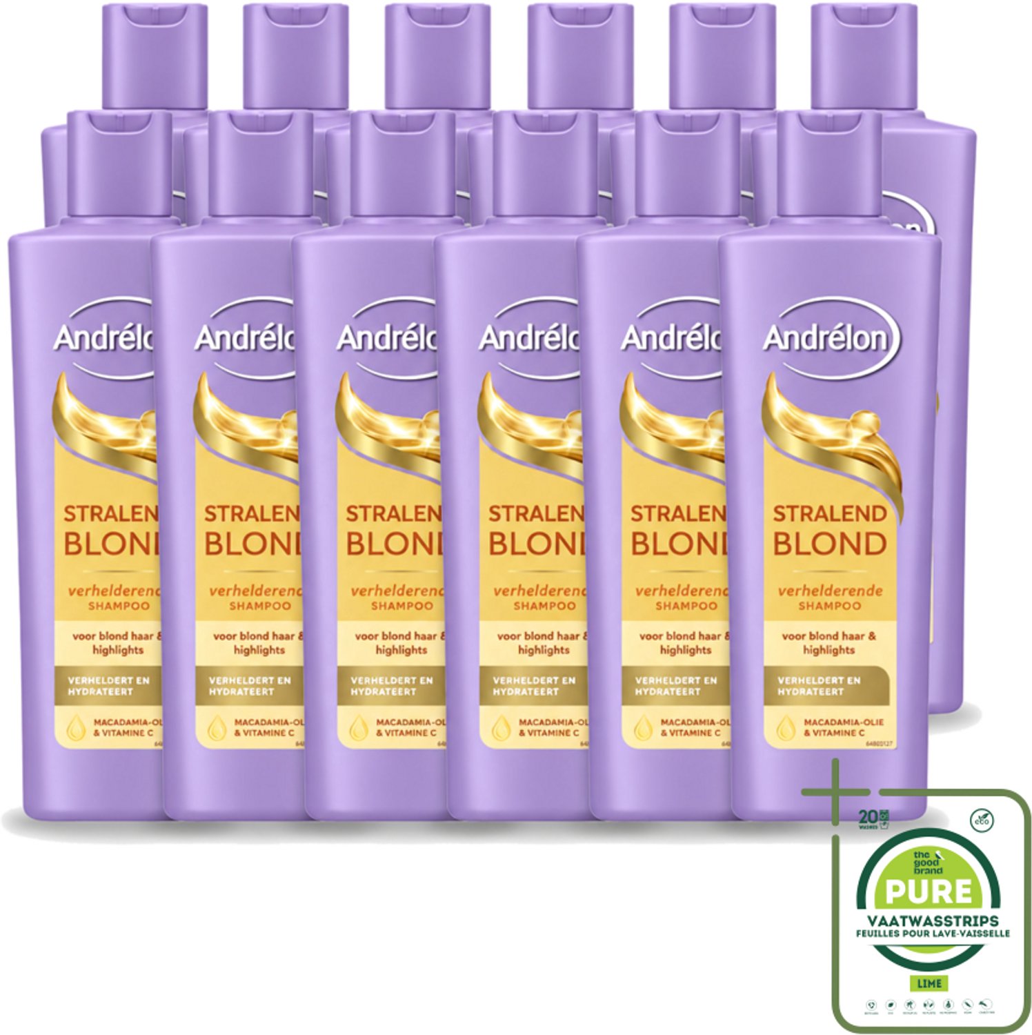 12 x Andrélon – Shampoo – Stralend Blond – 250 ml - Grootverpakking - Vaatwasstrips - Blond Haar - Glans - Highlights - Stralend Blond Haar - Blonde Kleur