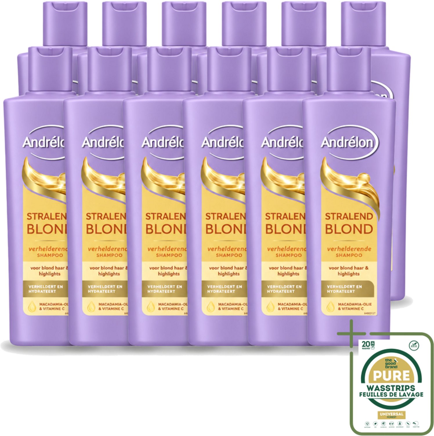 12 x Andrélon – Shampoo – Stralend Blond – 250 ml - Wasstrips - Blond Haar Verzorgen - Glanzend Blond Haar - Blond Haar Verlichten - Blond Haar Hydrateren - Vitamine C Voor Haar