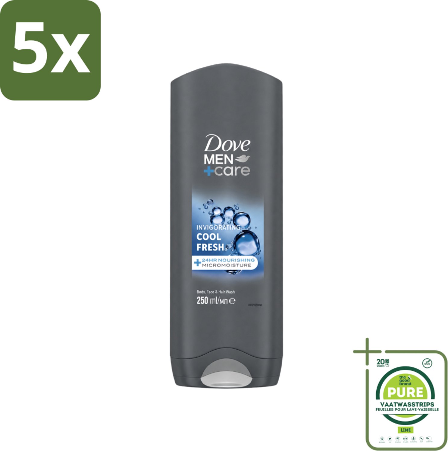 5 x Dove Men+Care Douchegel - Cool Fresh - 250 ml - Grootverpakking - Vaatwasstrips - Douchegel Voor Mannen - Hydraterende Douchegel - Verfrissende Douchegel - Douchegel Voor Gezicht - Douchegel Voor Lichaam