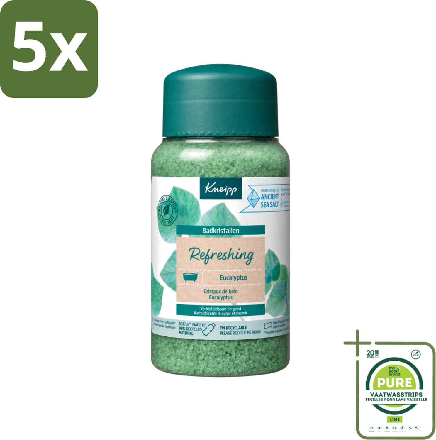 5 x Kneipp - Badzout - Badkristallen - Refreshing Eucalyptus - 600 g - Grootverpakking - Vaatwasstrips - Badzout - Badkristallen - Eucalyptus - Mint - Verkwikking
