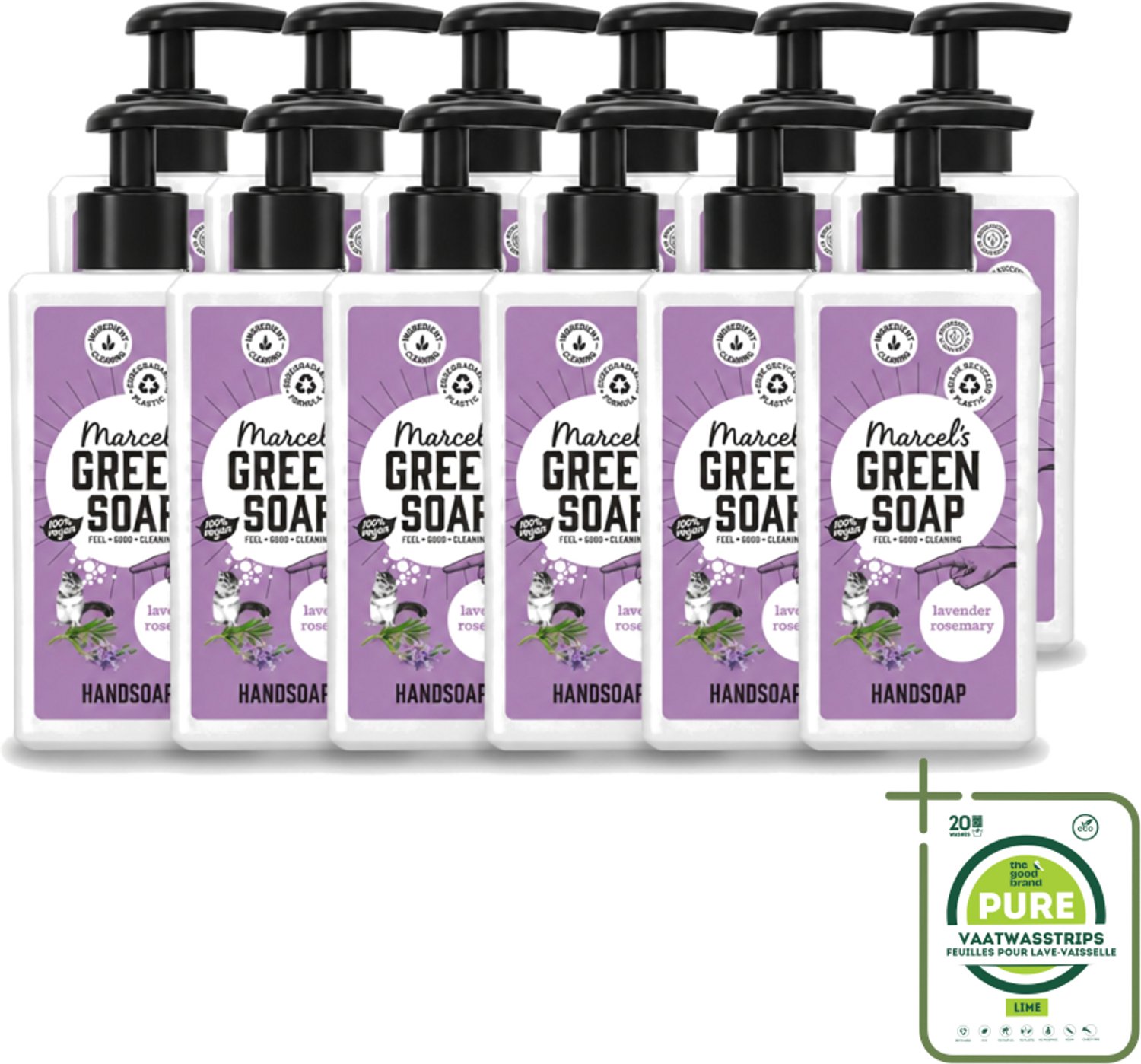 12 x Marcel's Green Soap - Handzeep - Lavendel & Rozemarijn - Zachte verzorging - 250 ml - Grootverpakking - Vaatwasstrips - Handzeep - Handen Verzorgen - Natuurlijke Handzeep - Lavendel Handzeep - Rozemarijn Handzeep