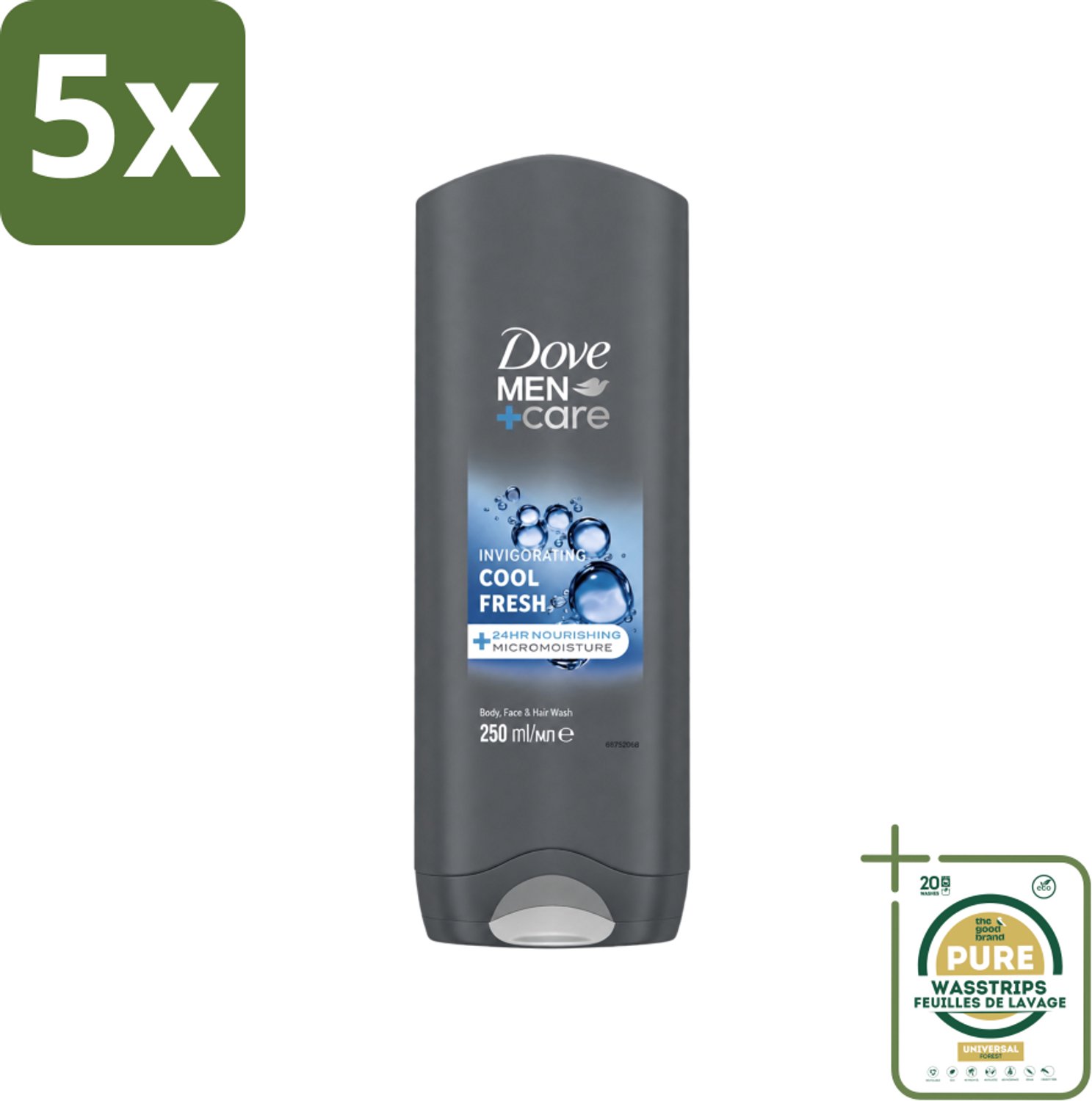 5 x Dove Men+Care Douchegel - Cool Fresh - 250 ml - Wasstrips - Douchegel Voor Mannen - Hydraterend Douchegel - Douchegel Voor Droge Huid - Douchegel Voor Gezicht En Lichaam - Verfrissende Douchegel