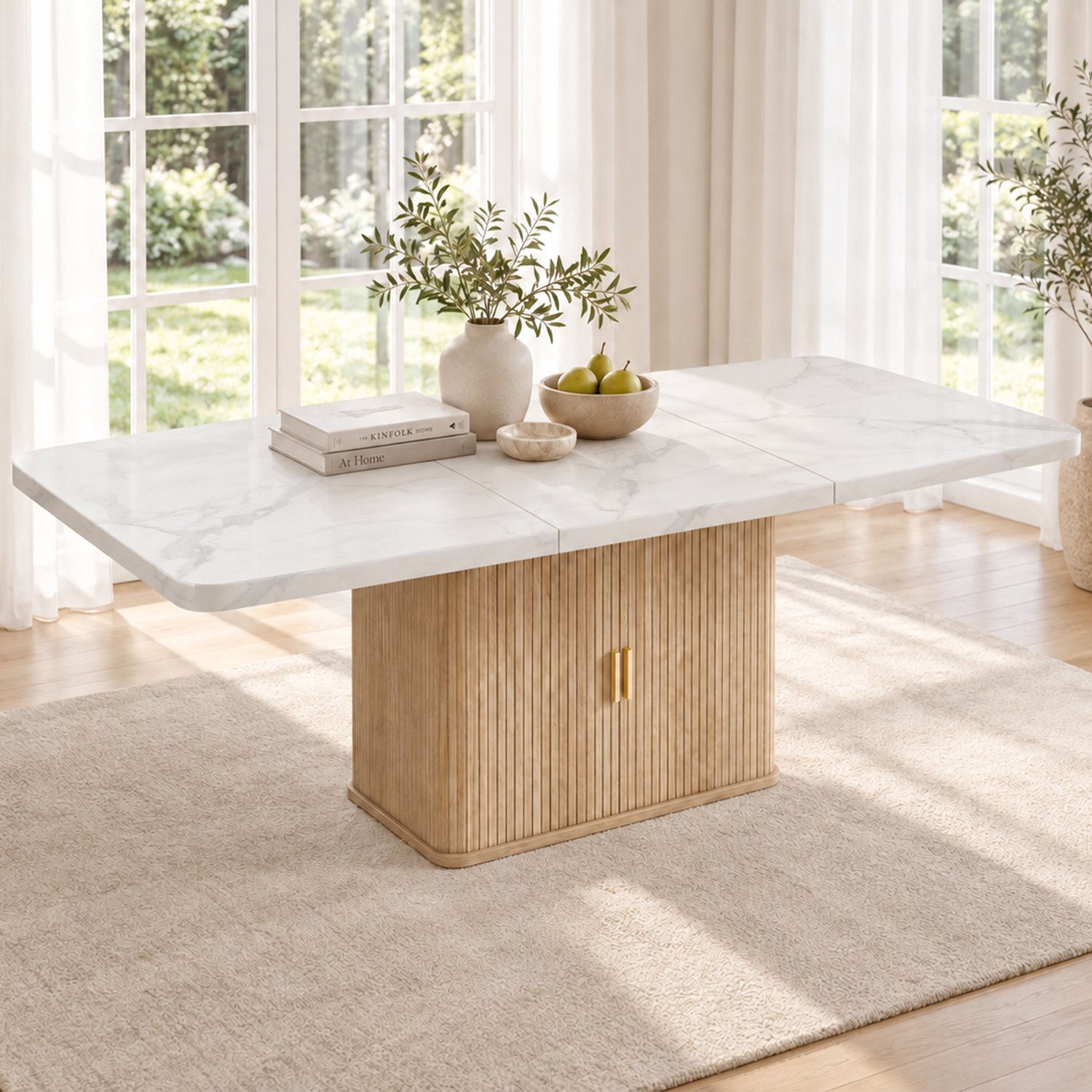 Clruro Eettafel - 150–200×90 cm - Uitschuifbaar - Opbergruimte - MDF - Wit Marmerlook/Eikenkleur