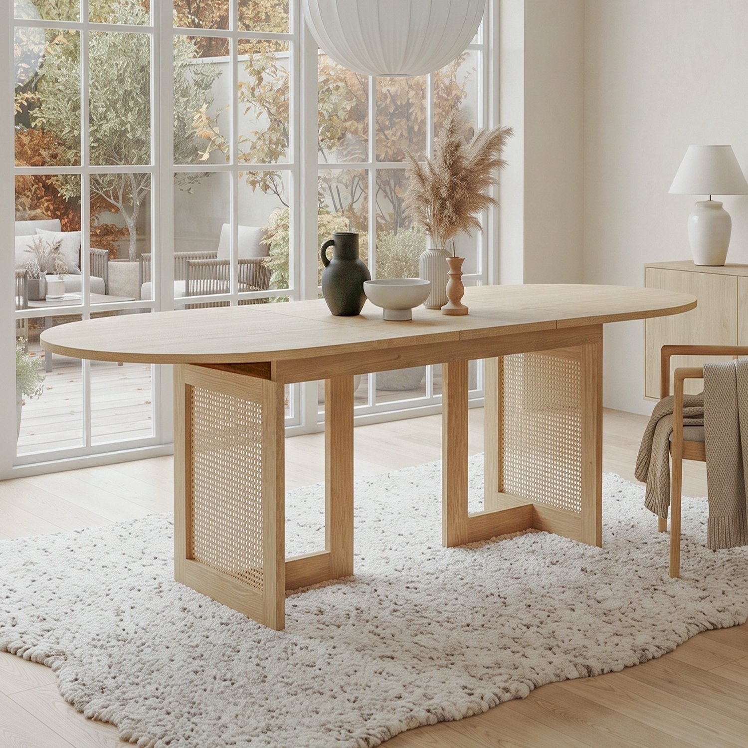 Clruro Eettafel - 150–200×90 cm - Uitschuifbaar - Rotan Poten - MDF - Eikenkleur