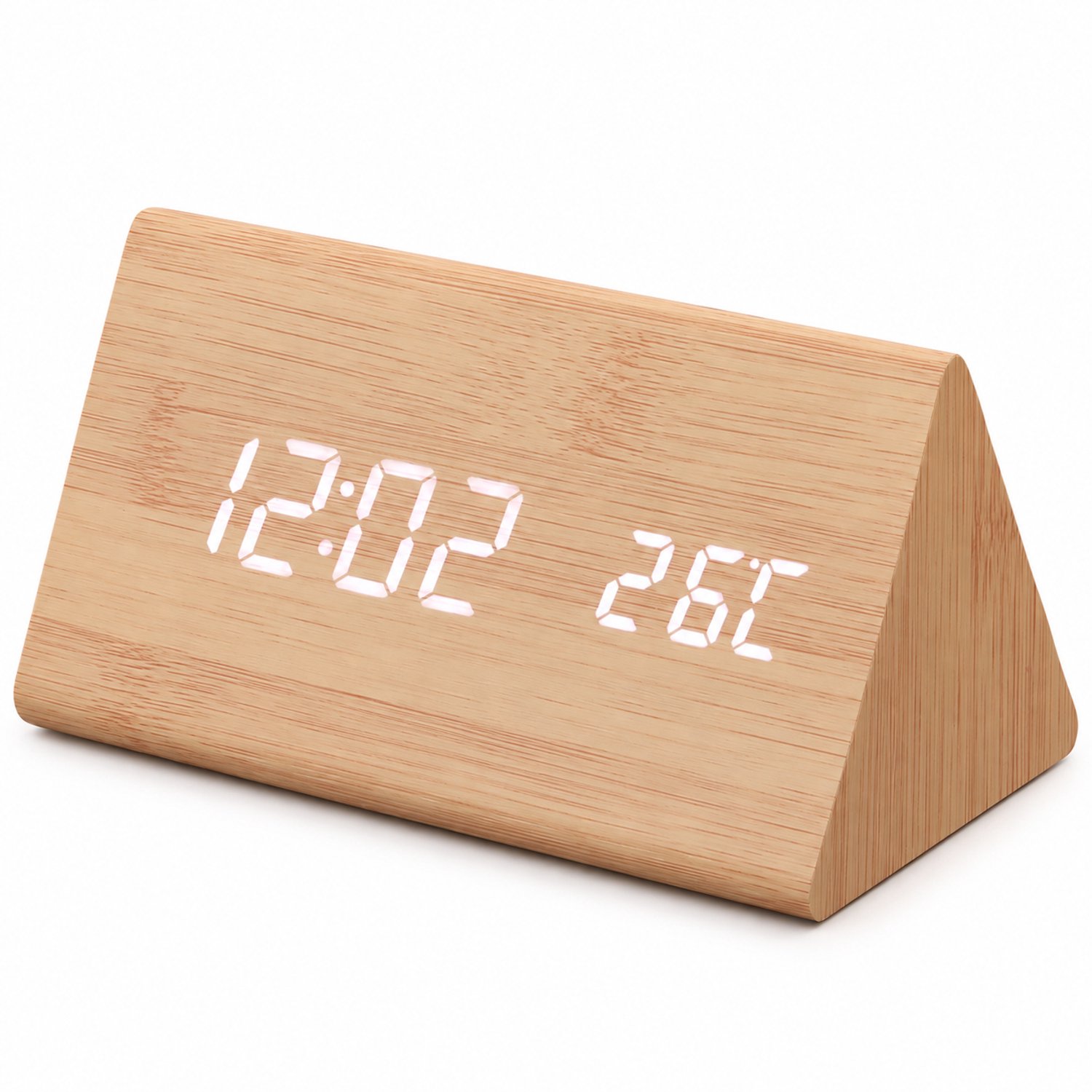 wekker met driehoekige houten behuizing - Witte LED-tijd- en temperatuurweergave - Batterij- of USB-voeding