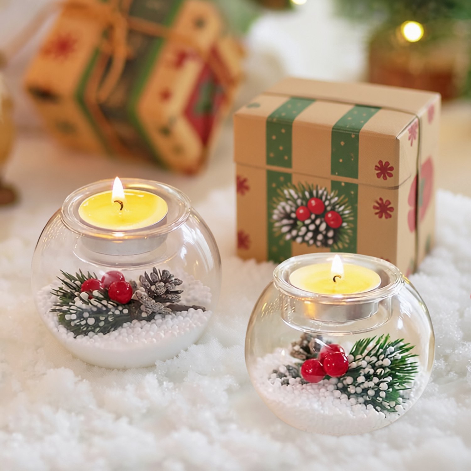 RALA Set van 3 glazen kerst theelichthouders met rode bessen, sneeuw en dennenappels - decoratieve kerst kaarshouders voor tafel en feestdecoratie Transparant