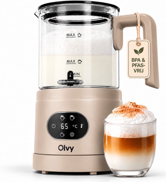 Beige Olvy melkopschuimer met glazen kan, digitale display, 65 graden temperatuur en BPA- & PFAS-vrij label.