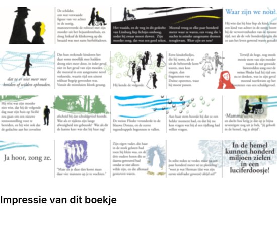 Overzicht van twintig pagina's uit het boekje met diverse illustraties en literair fragment over honderd miljoen zielen.