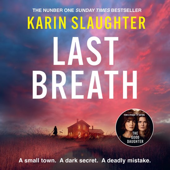 Boekomslag van 'Last Breath' met een huis in een donker veld tegen een dramatische rode zonsondergang.