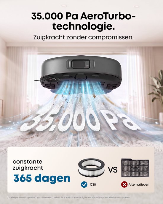 eufy robotstofzuiger met 35.000 Pa AeroTurbo-zuigkracht voor constante reiniging gedurende 365 dagen.